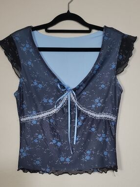 Romwe Floral Babydoll Top Size XS Black Blue Y2K 90s Mesh Overlay Coquette Goth